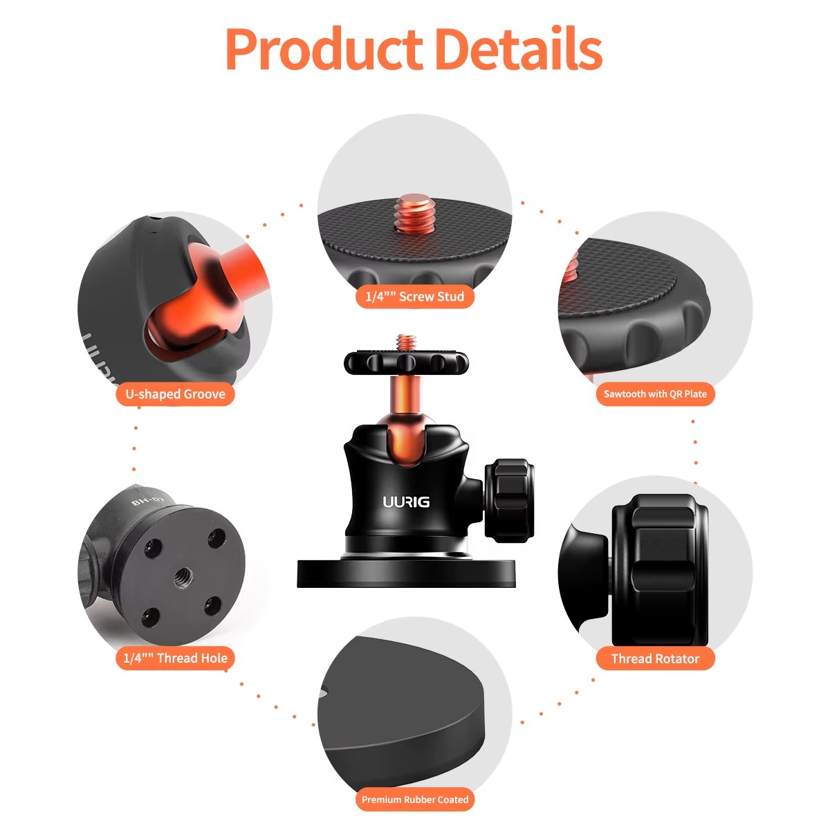 UURIG BH-07 Mini Ball Head Tripod Mount with 14 Magnetic Base – Compact Action Camera Holder for GoPro Hero 1211109, DJI Osmo Action, Insta360 4