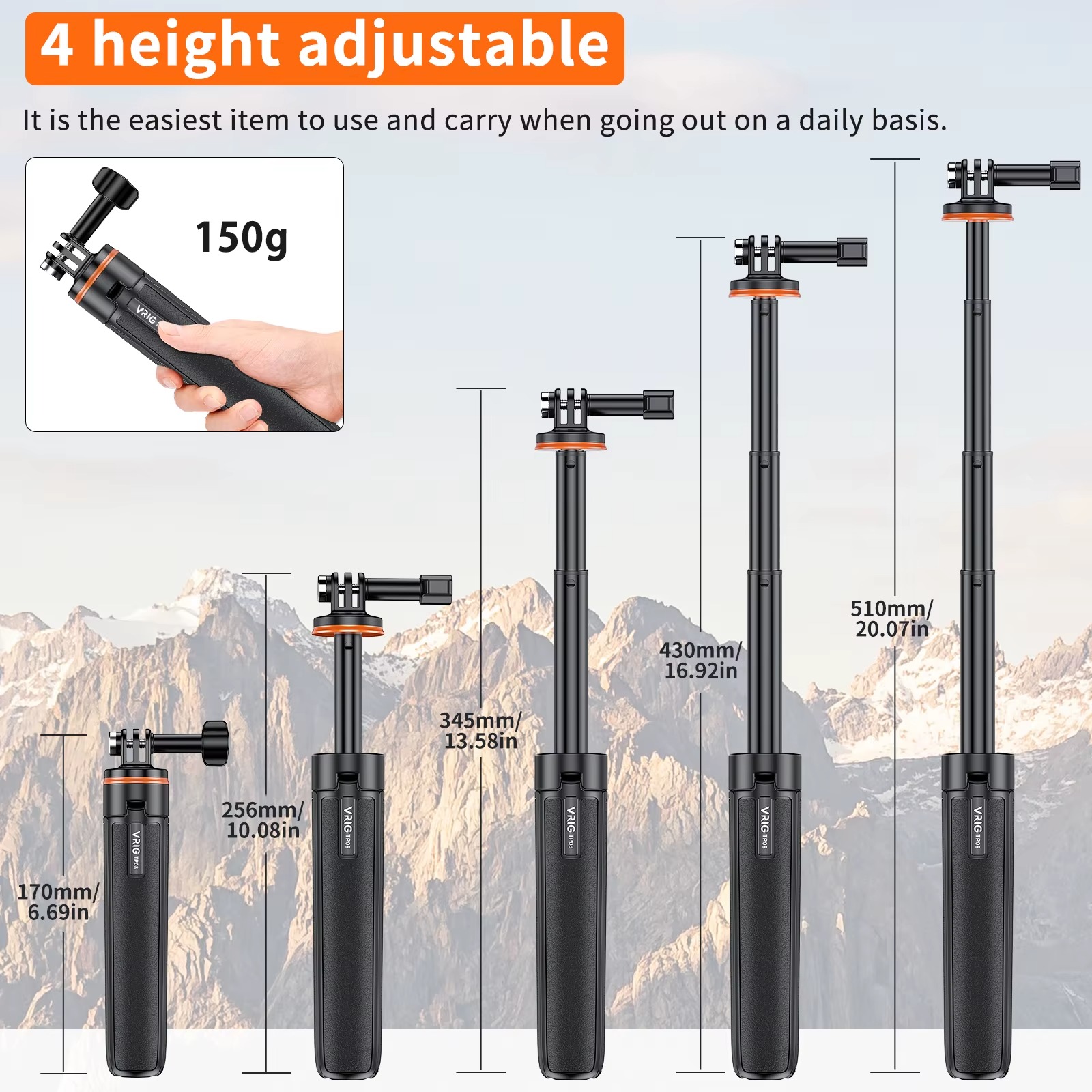 VRIG 20.1 Mini Extendable Tripod & Selfie Stick for GoPro Hero 1211109, DJI Action 543, Insta360 Ace Pro – Portable Camera Tripod for Action Cameras2
