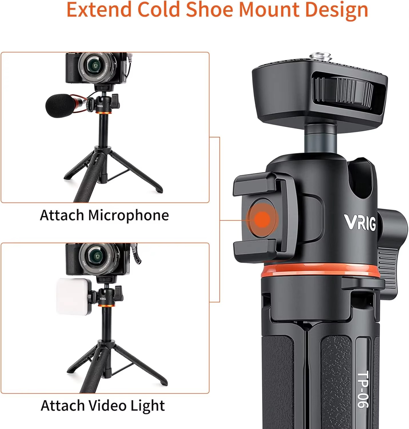 VRIG TP-06 Portable Selfie Stick Tripod – Aluminum Alloy Extendable Tripod with 14-Inch Cold Shoe Mount & 360° Rotatable Ball Head for Camera, Phone, Vlog Setup2