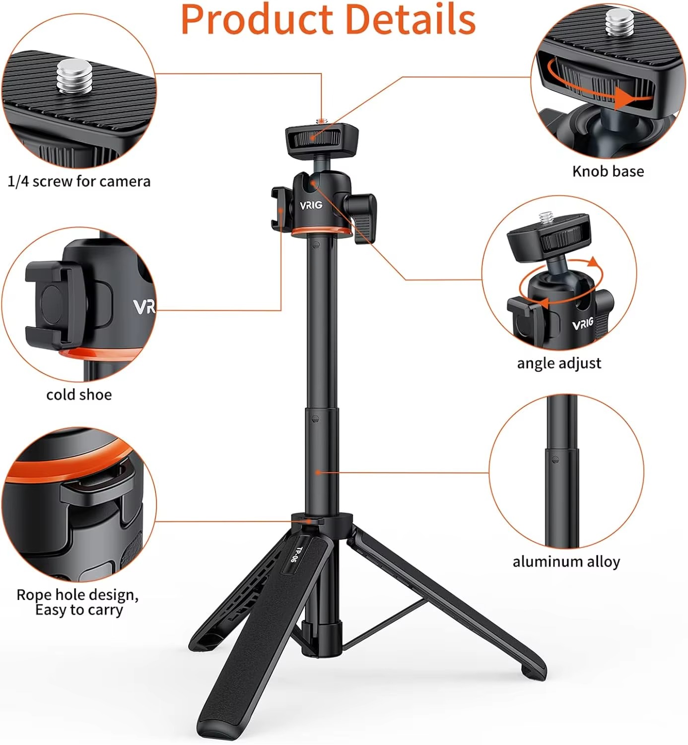 VRIG TP-06 Portable Selfie Stick Tripod – Aluminum Alloy Extendable Tripod with 14-Inch Cold Shoe Mount & 360° Rotatable Ball Head for Camera, Phone, Vlog Setup3