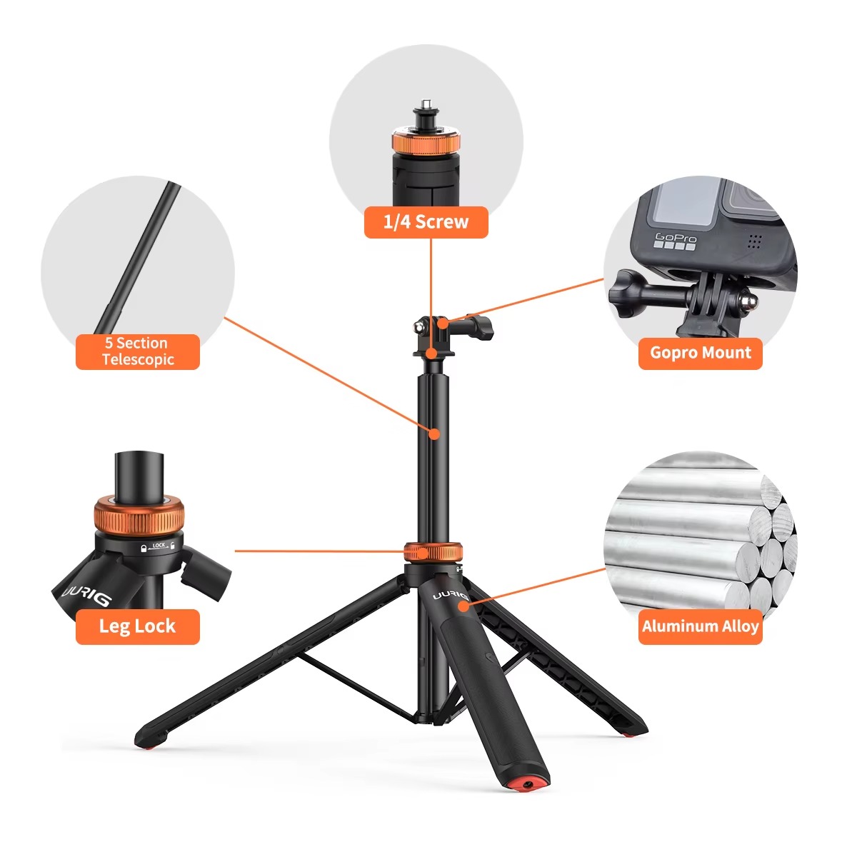 VRIG UURig TP-03 1.3M Extendable Selfie Stick Tripod for GoPro, DJI Osmo Action, Insta360 One R and Action Cameras3