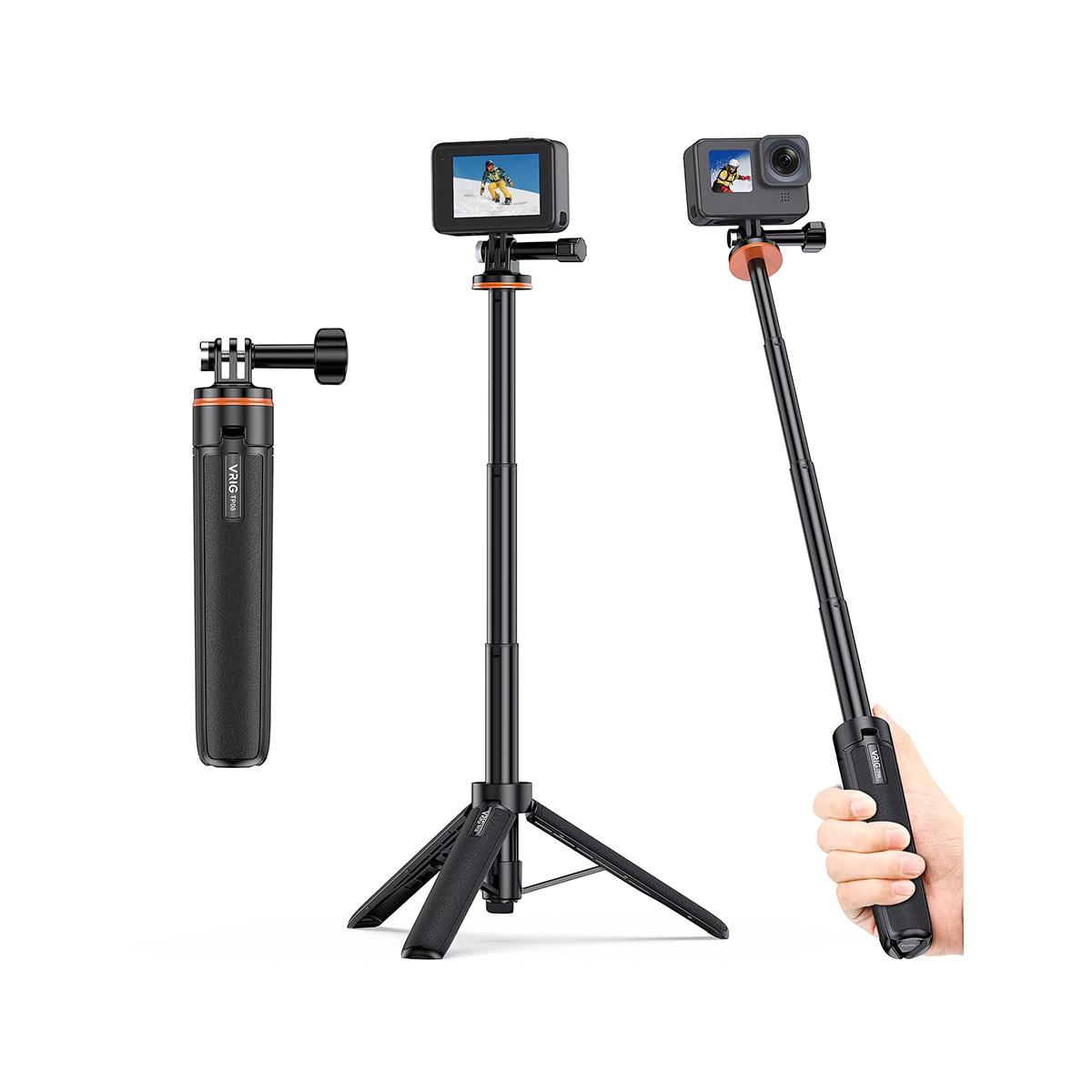 VRIG 20.1" Mini Extendable Tripod & Selfie Stick for GoPro Hero 12/11/10/9, DJI Action 5/4/3, Insta360 Ace Pro – Portable Camera Tripod for Action Cameras